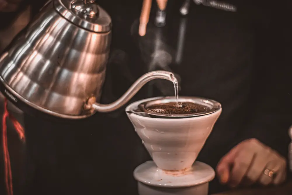 Water poured from a gooseneck kettle